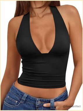 Double Lined Halter Crop Top Open Back Deep V Neck Summer Going Out Top